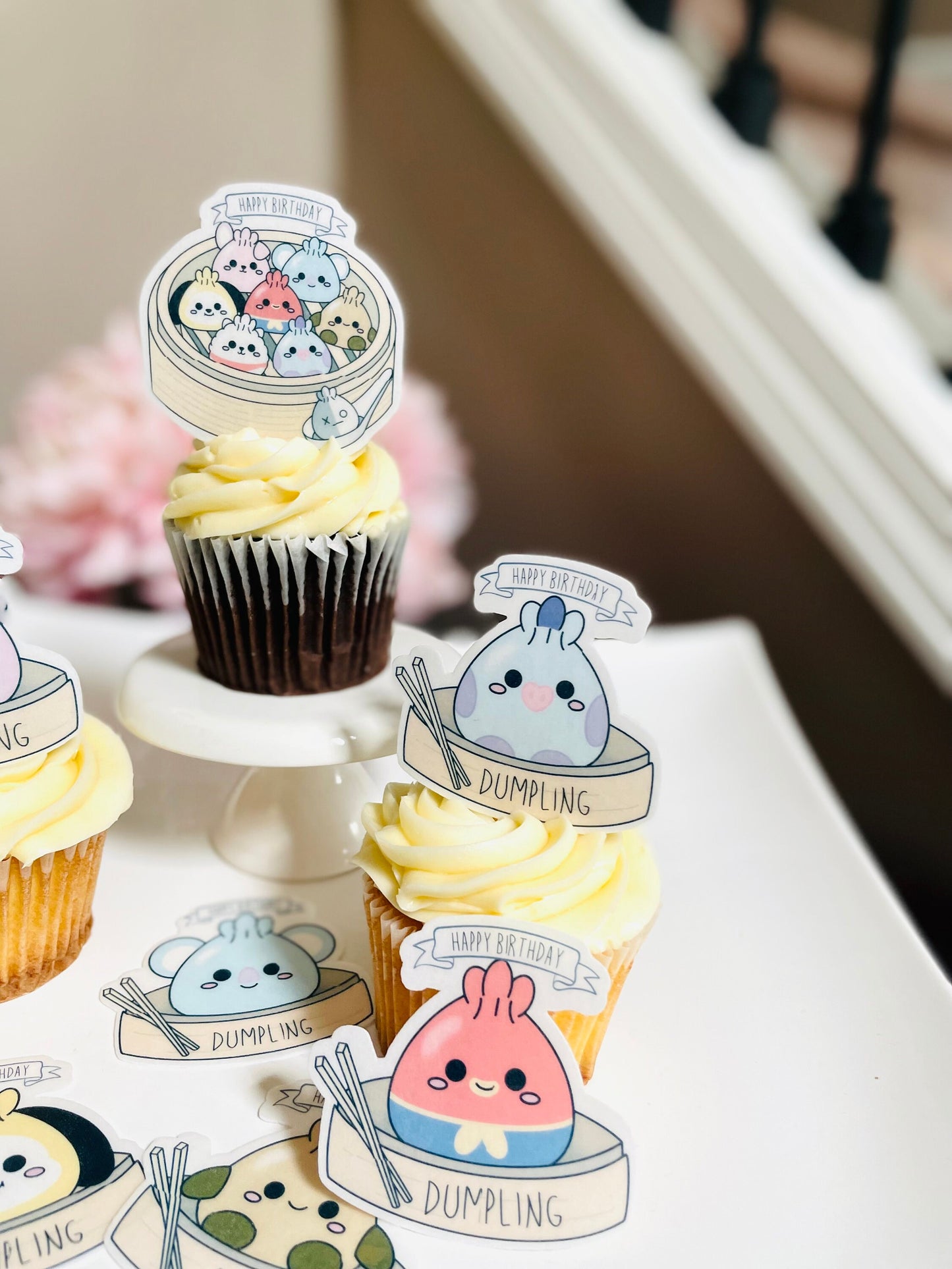 BT21 Happy Birthday Cake Cupcake Topper - Edible BT21 pre-cut Heavy Wafer Paper Dumpling Toppers