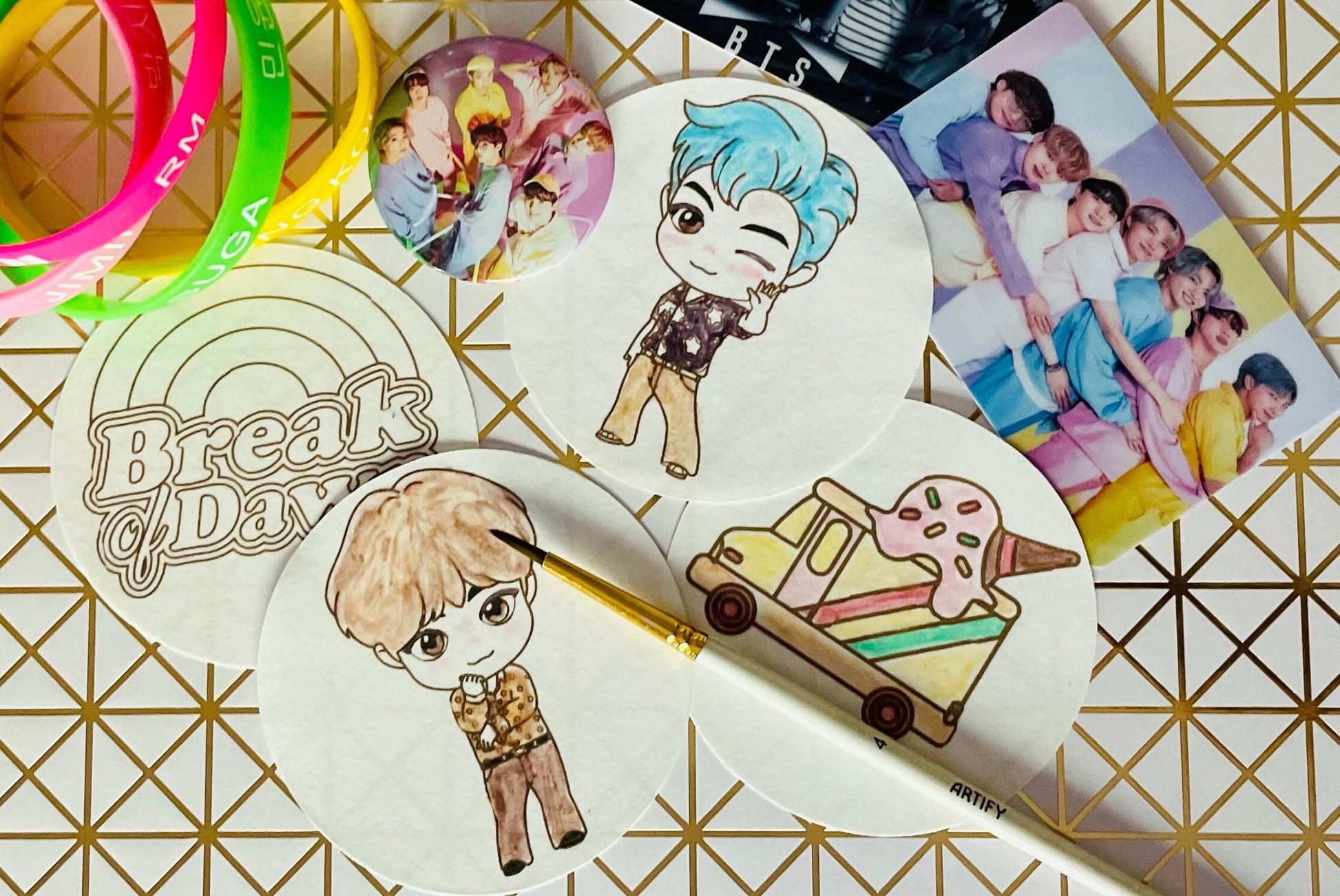 Paint your own BTS 2-sheet Kits-TinyTan-Dynamite- Paint your own BTS edible designs cupcake topper with palette for cookies or drink topper