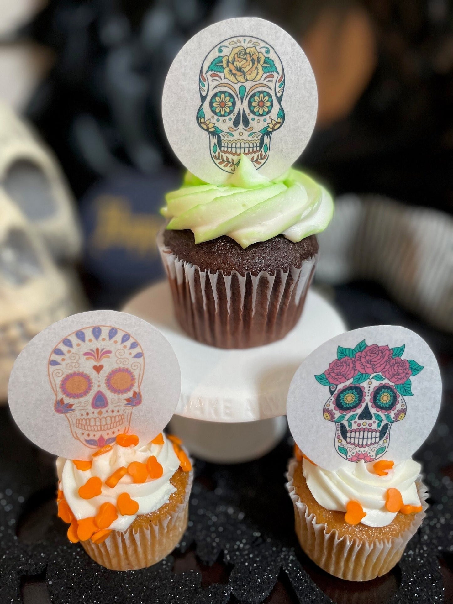 Edible Colorful Halloween Sugar Skull Cupcake Cake Drink Topper Wafer Paper Cake decoration